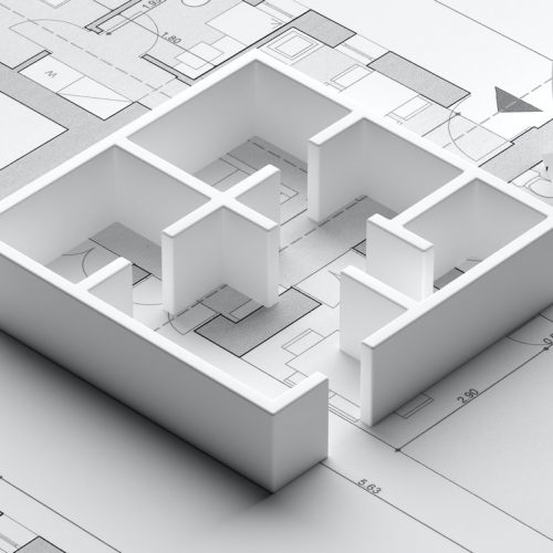 Residential building blueprint plans and house model, banner. 3d illustration